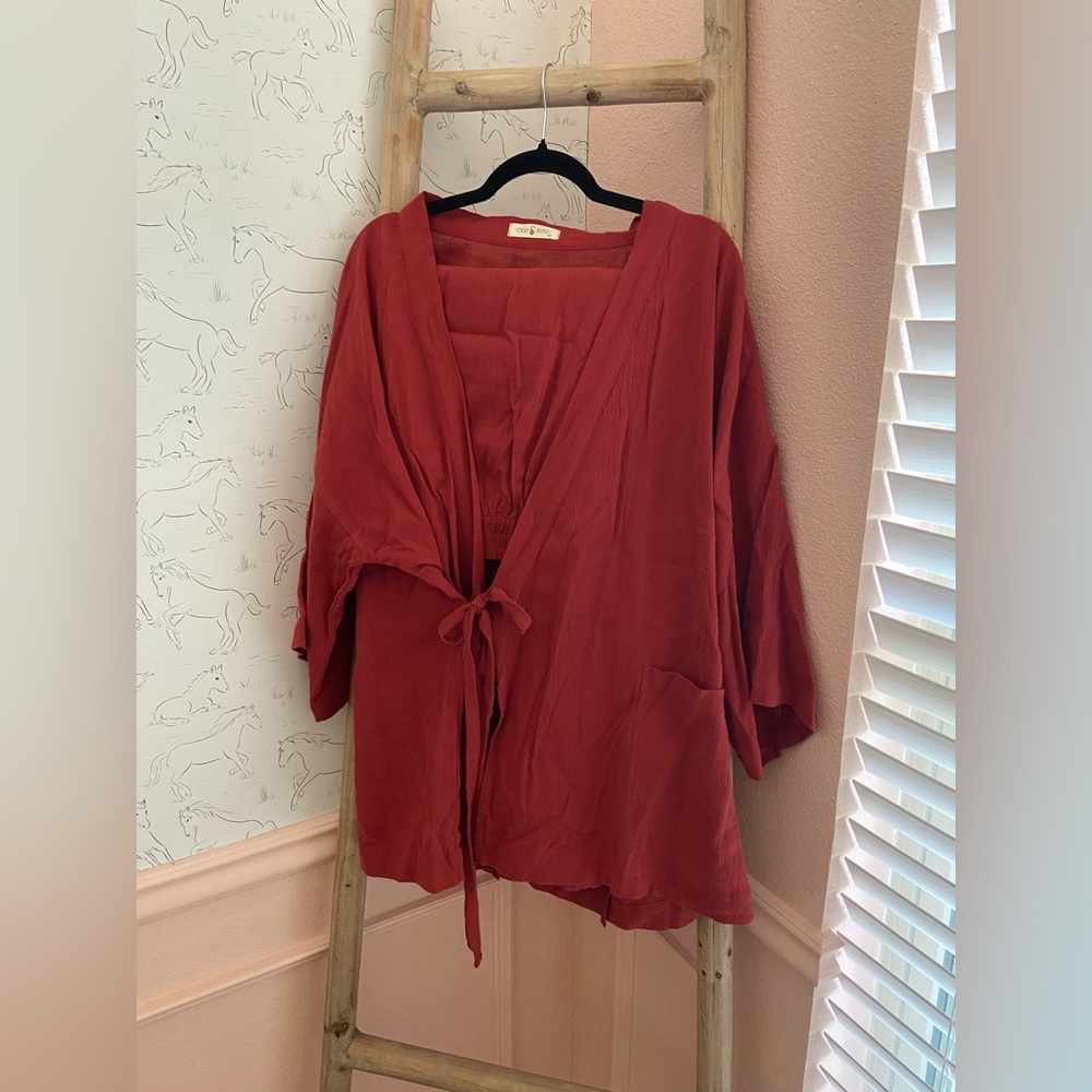 Women's Red Kimono-Style Loungewear Set: Wide-Leg Pants and Tunic Wrap w Pockets - Picture 4 of 10